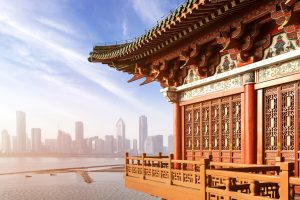 Blue sky and white clouds, ancient Chinese architecture: garden.