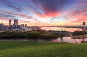 A high resolution DSLR photo of the City of Perth Western Australia taken from Kings Park at Sunrise. View of the City of Perth, Kings Park and the Swan River.