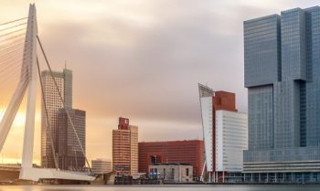 Rotterdam Skyline with Erasmusbrug bridge in morning , Netherlands