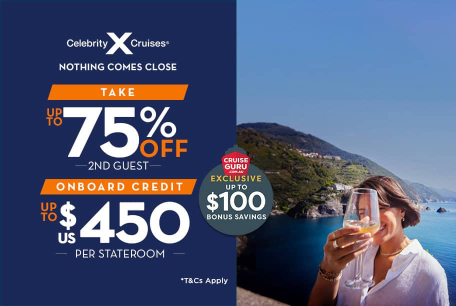 Celebrity Cruises Sale Buy One Get One 75% Off + Up to $450 Credit + Exclusive Bonus Savings